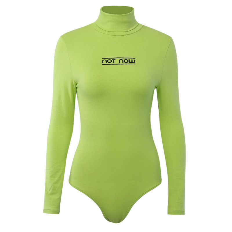 Body nou cu imprimeu cu litere verde pentru femei, costum de corp skinny, bodycon, cu mâneci lungi, cu mâneci lungi, salopete cu imprimeu