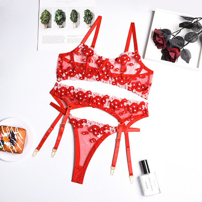 Set de sutien brodat floral Yimunancy Lingerie, sutien transparent pentru femeie din 3 piese + chiloți, lenjerie sexy, set de lenjerie intimă