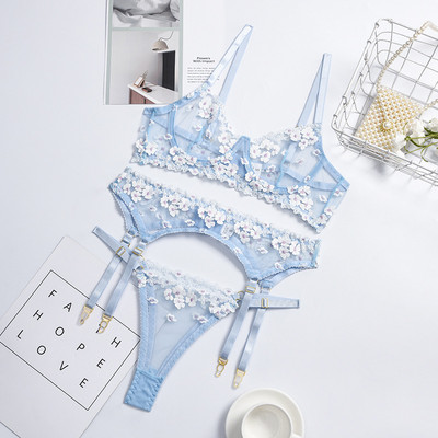Set de sutien brodat floral Yimunancy Lingerie, sutien transparent pentru femeie din 3 piese + chiloți, lenjerie sexy, set de lenjerie intimă