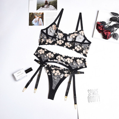 Set de sutien brodat floral Yimunancy Lingerie, sutien transparent pentru femeie din 3 piese + chiloți, lenjerie sexy, set de lenjerie intimă