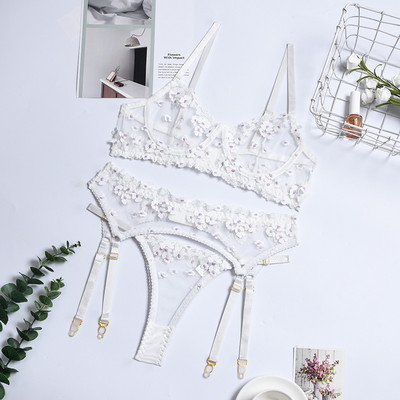 Set de sutien brodat floral Yimunancy Lingerie, sutien transparent pentru femeie din 3 piese + chiloți, lenjerie sexy, set de lenjerie intimă