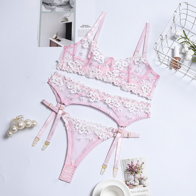 Set de sutien brodat floral Yimunancy Lingerie, sutien transparent pentru femeie din 3 piese + chiloți, lenjerie sexy, set de lenjerie intimă