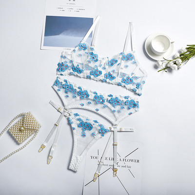 Set de sutien brodat floral Yimunancy Lingerie, sutien transparent pentru femeie din 3 piese + chiloți, lenjerie sexy, set de lenjerie intimă