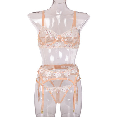 Set de sutien brodat floral Yimunancy Lingerie, sutien transparent pentru femeie din 3 piese + chiloți, lenjerie sexy, set de lenjerie intimă