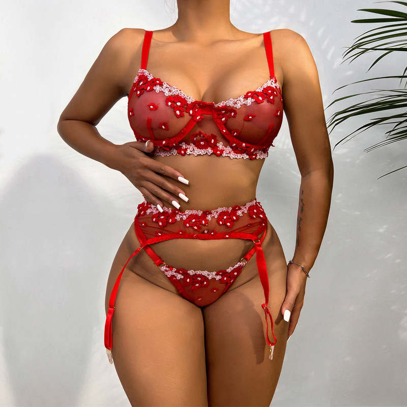 Set de sutien brodat floral Yimunancy Lingerie, sutien transparent pentru femeie din 3 piese + chiloți, lenjerie sexy, set de lenjerie intimă