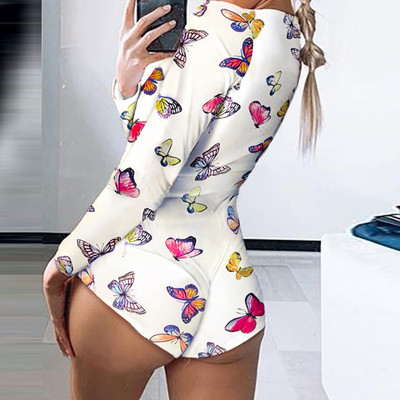 2020 One Piece Short Playsuit Long Sleeve Pattern Party Romer Дамски тесни гащеризони с V-образно деколте Лято