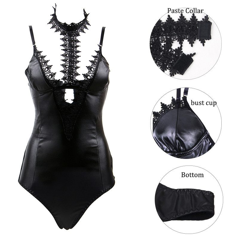 Comeonlover Body Costumes pentru femei Gât cu șocuri Sexy Plus Size Body din piele fără mâneci Salopete din dantelă Feminino R80663