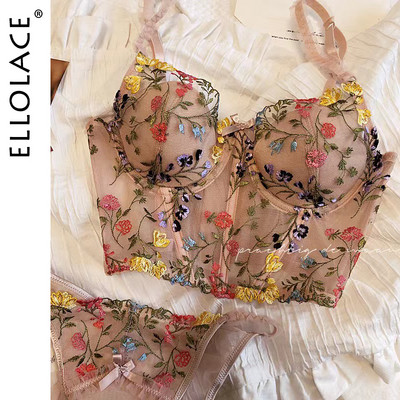 Ellolace Lenjerie Sexy Zână Broderie Florală Lenjerie Intima Căptușită Set Dantela Femei 2 Piese Erotic De Lux Fancy Ținute Intime