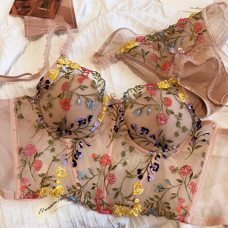 Ellolace Lenjerie Sexy Zână Broderie Florală Lenjerie Intima Căptușită Set Dantela Femei 2 Piese Erotic De Lux Fancy Ținute Intime
