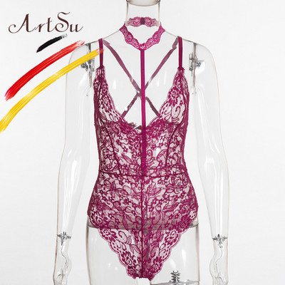 ArtSu Body pentru femei, sexy, scobit din dantelă, cu șocuri, negru, skinny, cu imprimeu floral