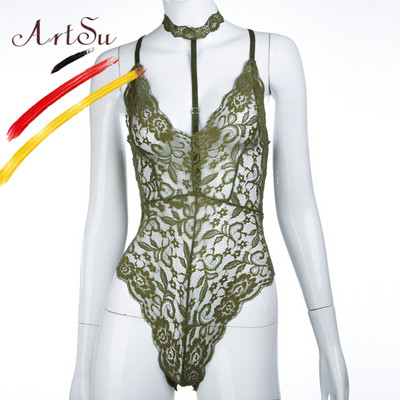 ArtSu Body pentru femei, sexy, scobit din dantelă, cu șocuri, negru, skinny, cu imprimeu floral