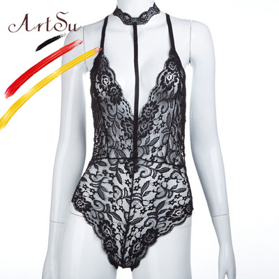 ArtSu Body pentru femei, sexy, scobit din dantelă, cu șocuri, negru, skinny, cu imprimeu floral