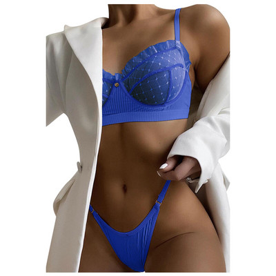 Set de lenjerie din dantelă din plasă cu volan Set de lenjerie intima pentru femei Sutiene transparente Seturi de chiloți Sexy Temptation Lenjerie tanga Set de sutien fără sudură