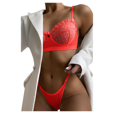 Set de lenjerie din dantelă din plasă cu volan Set de lenjerie intima pentru femei Sutiene transparente Seturi de chiloți Sexy Temptation Lenjerie tanga Set de sutien fără sudură