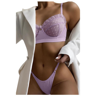 Set de lenjerie din dantelă din plasă cu volan Set de lenjerie intima pentru femei Sutiene transparente Seturi de chiloți Sexy Temptation Lenjerie tanga Set de sutien fără sudură