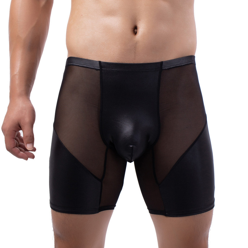 CLEVER-MENMODE Lenjerie sexy pentru bărbați Boxeri Pantaloni scurți Chiloți din plasă Chiloți din piele artificială Husă pentru penis Chiloți cu picioare lungi Cueca calzoncillos