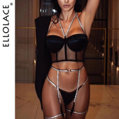 Ellolace Lenjerie Set de lenjerie cu paiete Sutien sexy Push up Set 3 piese Set de lenjerie de corp căptușit pentru femei Sutien și tanga Lenjerie sexy