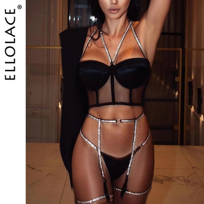 Ellolace Lenjerie Set de lenjerie cu paiete Sutien sexy Push up Set 3 piese Set de lenjerie de corp căptușit pentru femei Sutien și tanga Lenjerie sexy