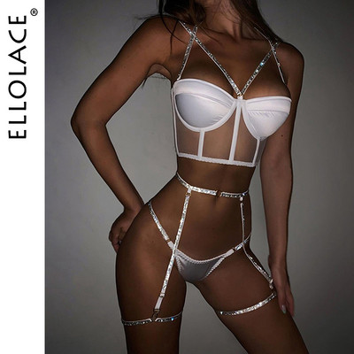 Ellolace Lenjerie Set de lenjerie cu paiete Sutien sexy Push up Set 3 piese Set de lenjerie de corp căptușit pentru femei Sutien și tanga Lenjerie sexy