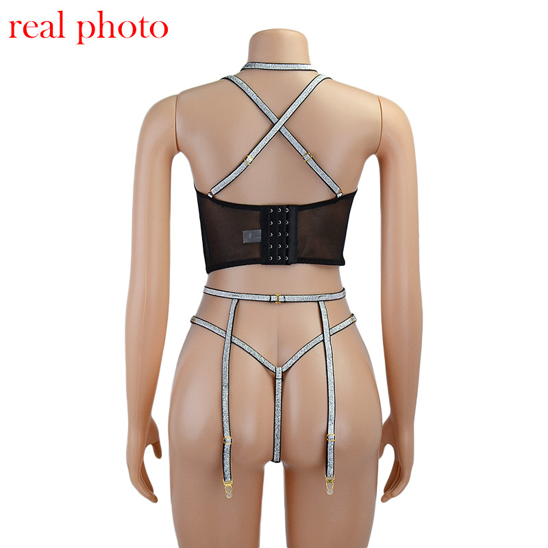 Ellolace Lenjerie Set de lenjerie cu paiete Sutien sexy Push up Set 3 piese Set de lenjerie de corp căptușit pentru femei Sutien și tanga Lenjerie sexy
