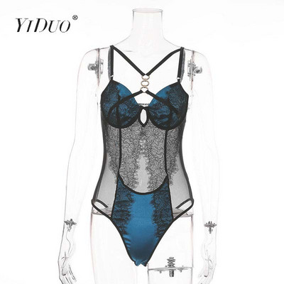 YiDuo čipkasti bodi Ženske donje hlače Seksi prozirno tijelo Femme mrežasti bodi sa žicom Plava klupska odjeća za zabavu