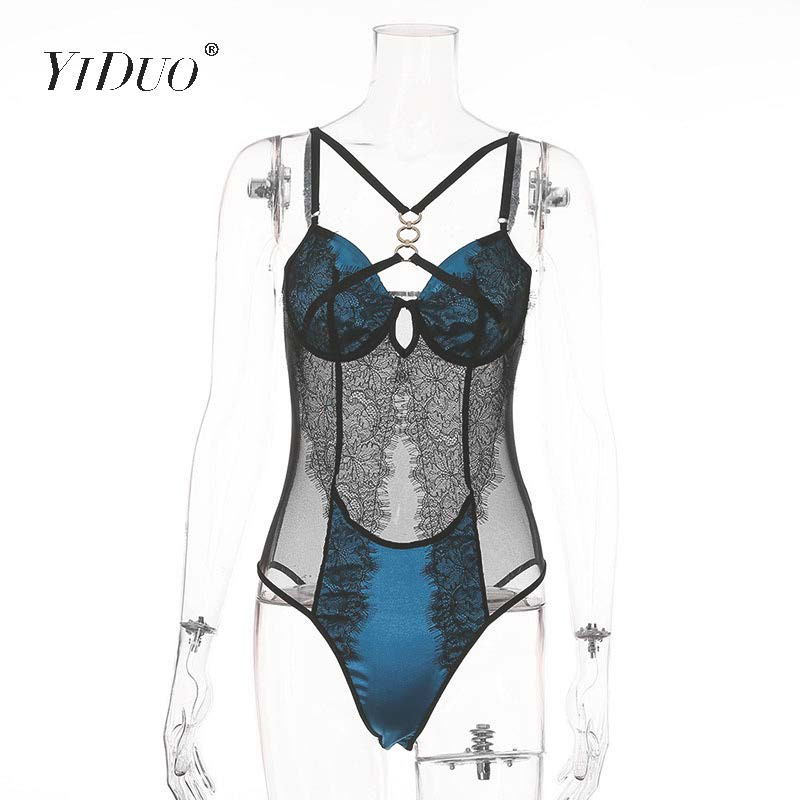 YiDuo čipkasti bodi Ženske donje hlače Seksi prozirno tijelo Femme mrežasti bodi sa žicom Plava klupska odjeća za zabavu
