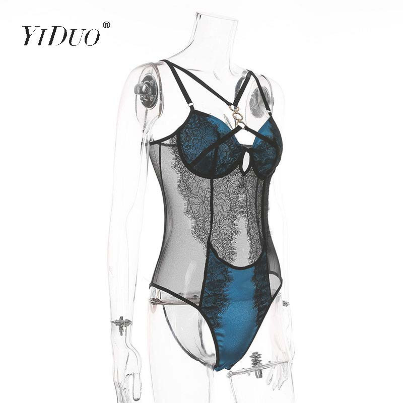 YiDuo čipkasti bodi Ženske donje hlače Seksi prozirno tijelo Femme mrežasti bodi sa žicom Plava klupska odjeća za zabavu