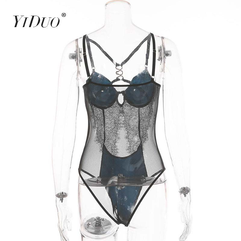 YiDuo čipkasti bodi Ženske donje hlače Seksi prozirno tijelo Femme mrežasti bodi sa žicom Plava klupska odjeća za zabavu