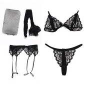 Set de 4 bucăți Ciorapi și jartiere și string și sutien Set de lenjerie sexy Deep V Hot Erotic Bralette Set de 4 bucăți