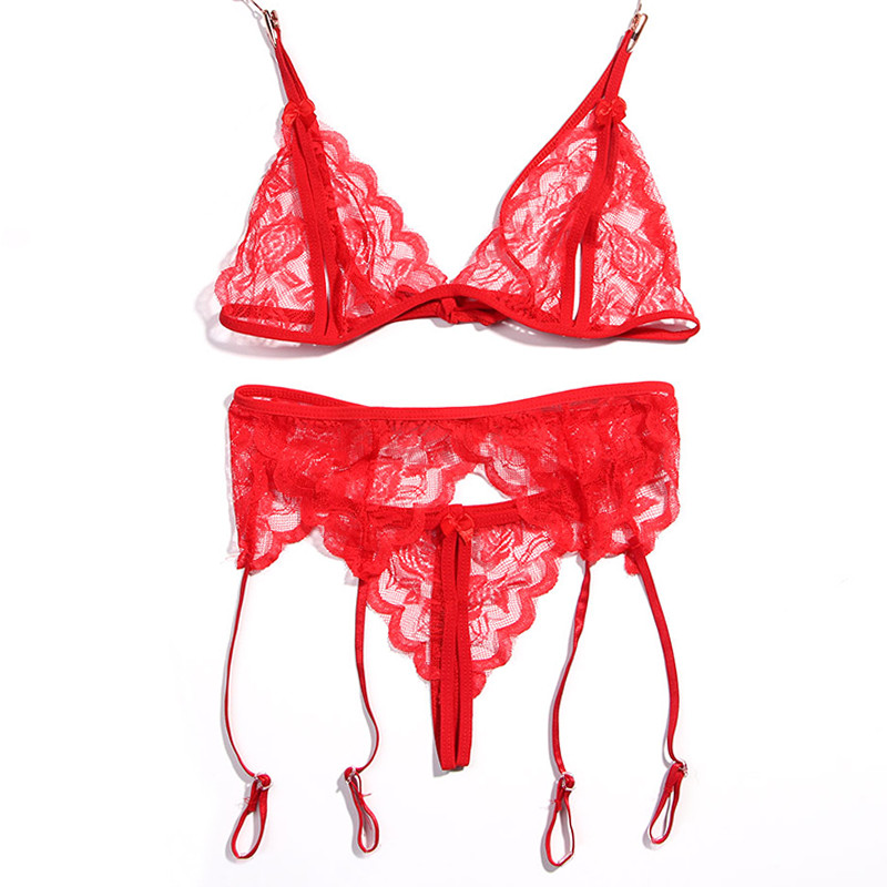 Set de 4 bucăți Ciorapi și jartiere și string și sutien Set de lenjerie sexy Deep V Hot Erotic Bralette Set de 4 bucăți