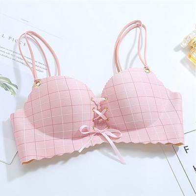 Sutiene sexy cu cupă roz pentru femei Push Up Lenjerie Sutien fără sârmă Plaids Bralette Plunge Intimate Lenjerie de corp feminin