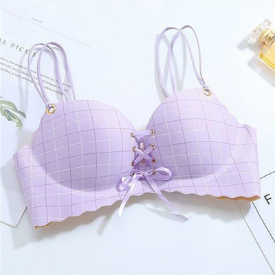 Sutiene sexy cu cupă roz pentru femei Push Up Lenjerie Sutien fără sârmă Plaids Bralette Plunge Intimate Lenjerie de corp feminin