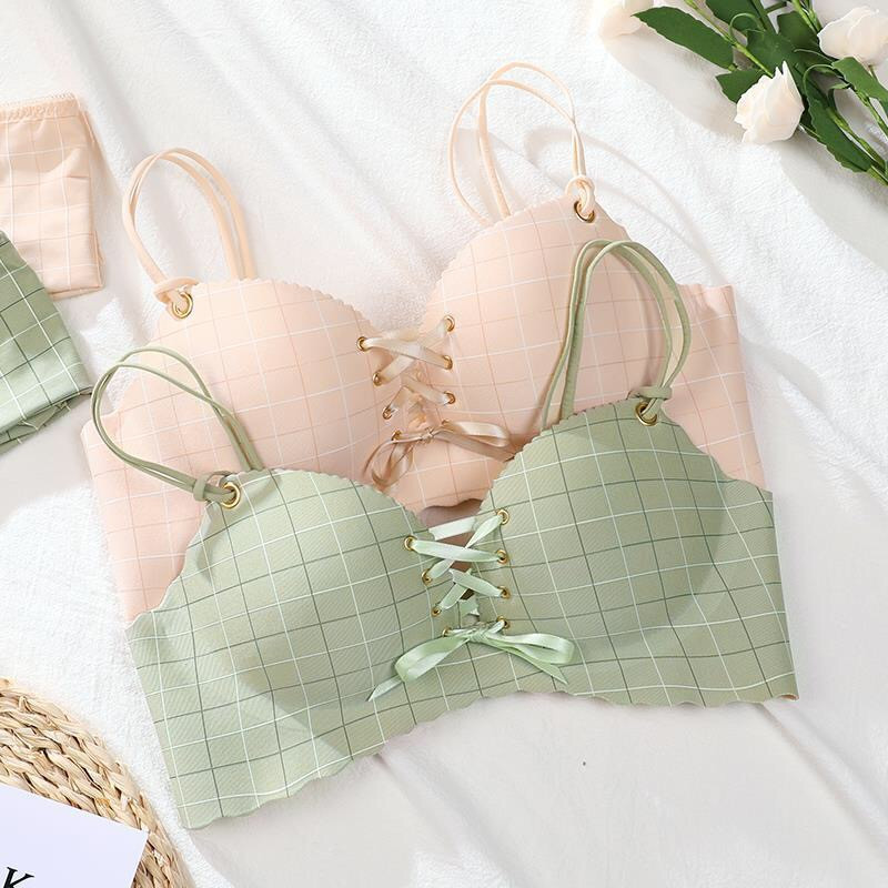 Sutiene sexy cu cupă roz pentru femei Push Up Lenjerie Sutien fără sârmă Plaids Bralette Plunge Intimate Lenjerie de corp feminin