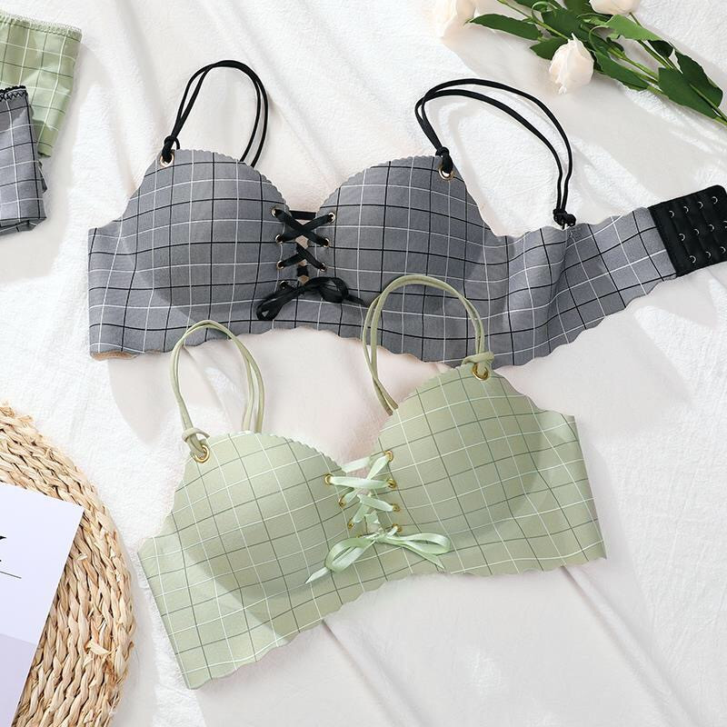 Sutiene sexy cu cupă roz pentru femei Push Up Lenjerie Sutien fără sârmă Plaids Bralette Plunge Intimate Lenjerie de corp feminin