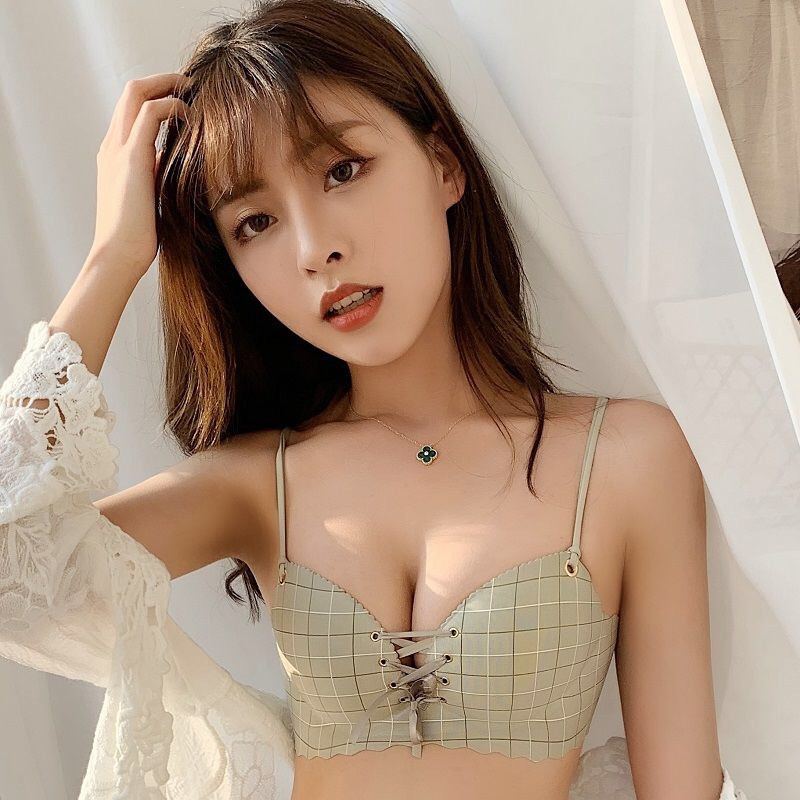 Sutiene sexy cu cupă roz pentru femei Push Up Lenjerie Sutien fără sârmă Plaids Bralette Plunge Intimate Lenjerie de corp feminin