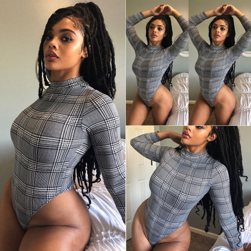 Rompers SUNSIOM 2020 Άνοιξη φθινόπωρο, σέξι γυναικείο μακρυμάνικο Romper καρό top Bodycon Skinny body κοστούμι ζιβάγκο