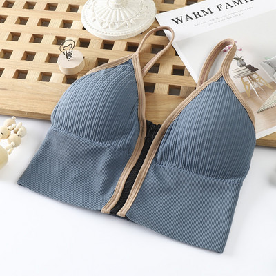 Vestă de vară cu fermoar în față pentru femeie Sutien sport în V adânc Crop Topuri rezistente la șocuri, respirabile, pentru gimnastică, camisole, lenjerie de corp