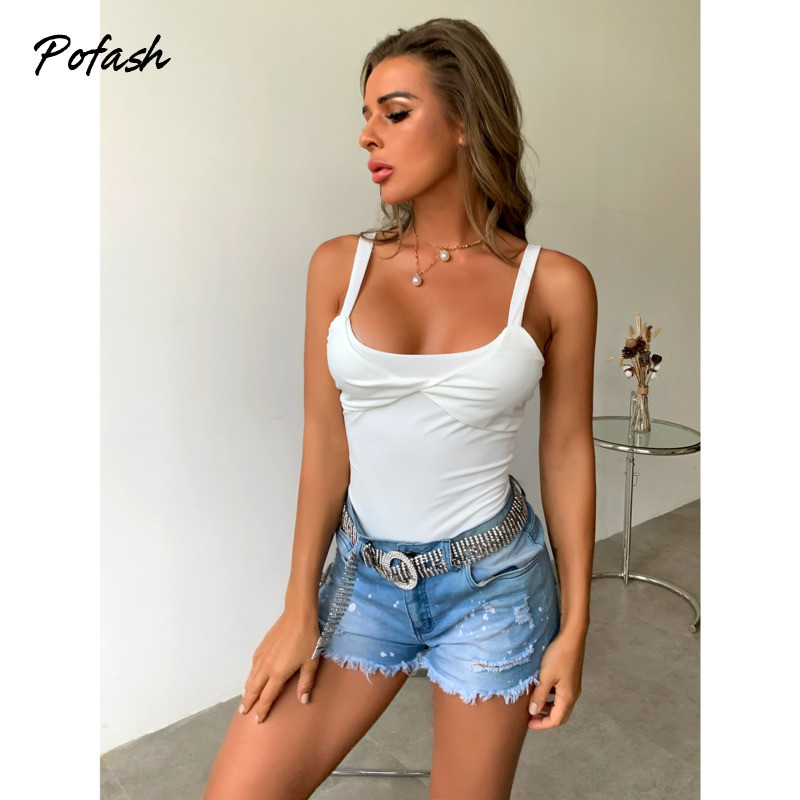 Pofash, alb, plin, body cu bretele spaghete pentru femei, dintr-o singură bucată, fără spate, salopetă de vară, ocazional, salopete pentru femei, 2020