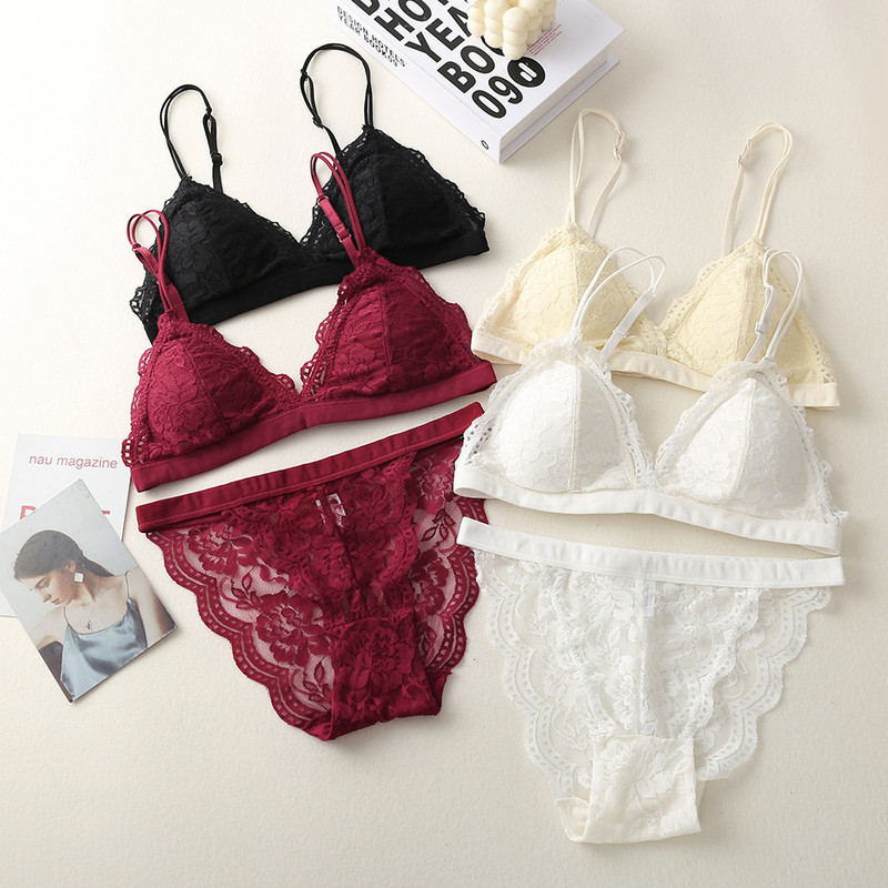 Lace Trim rinnahoidja ja aluspükste komplekt Bralette lilleline pitsrinnahoidja naiste aluspesu komplekt Comfort rinnahoidja naiste tikandid Seksikas pesukomplekt