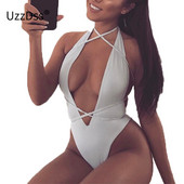 UZZDSS Halter V λαιμόκοψη αμάνικα κορμάκια 2021 Party Club Women Summer Lace Up Bodycon Φορμάκια παραλίας