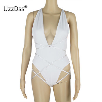 UZZDSS Секси бандажни бодита с халтер с V-образно деколте без ръкави 2021 Party Club Women Summer Lace Up Bodycon Beach Bodysuit Rompers