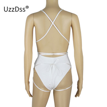 UZZDSS Секси бандажни бодита с халтер с V-образно деколте без ръкави 2021 Party Club Women Summer Lace Up Bodycon Beach Bodysuit Rompers