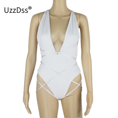 UZZDSS Halter V λαιμόκοψη αμάνικα κορμάκια 2021 Party Club Women Summer Lace Up Bodycon Φορμάκια παραλίας