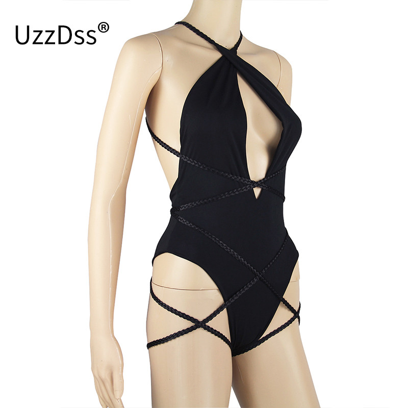 UZZDSS Halter V λαιμόκοψη αμάνικα κορμάκια 2021 Party Club Women Summer Lace Up Bodycon Φορμάκια παραλίας