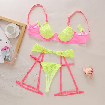 Ellolace Neon Lace Lingerie Секси бельо Heart-Shaped Embroidery Erotic Set Sensual Patchwork 3-Piece Garters Breves Sets