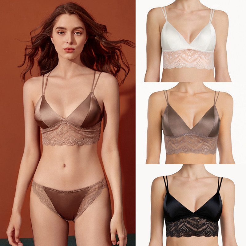 Πολυτελή Σατέν Μεταξωτό Σουτιέν Γυναικείο Γιλέκο Τύπος Σέξι Δαντέλα Μασίφ Mulberry Μεταξωτή Επένδυση Bralette Wireless Thin Triangle Cups Επενδεδυμένα σουτιέν