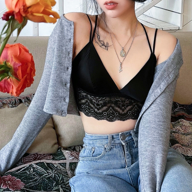 Πολυτελή Σατέν Μεταξωτό Σουτιέν Γυναικείο Γιλέκο Τύπος Σέξι Δαντέλα Μασίφ Mulberry Μεταξωτή Επένδυση Bralette Wireless Thin Triangle Cups Επενδεδυμένα σουτιέν