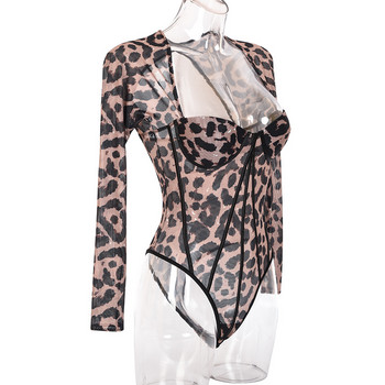 Moda Mujer 2020 Секси есенни бодита с леопардов принт с пуш-ъп бодита с дълъг ръкав Елегантно дамско топче по тялото Парти клубно облекло Дамски гащеризони
