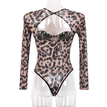 Moda Mujer 2020 Секси есенни бодита с леопардов принт с пуш-ъп бодита с дълъг ръкав Елегантно дамско топче по тялото Парти клубно облекло Дамски гащеризони