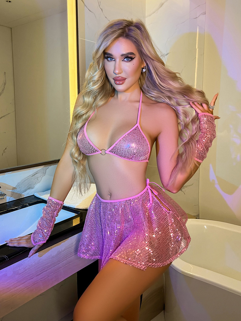 Ellolace εσώρουχα νυχτερινής διασκέδασης με παγιέτες 4 τεμαχίων εξωτικά γλυκά για κορίτσια Σέξι φούστα με μανσέτα με λάμψη στο σκούρο σετ σουτιέν και στρινγκ